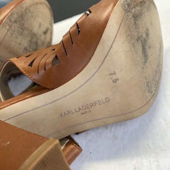 Karl Lagerfeld Rennes Laser Cut Caged Block Leather Peep Toe Buckle Heels 7.5 M - Picture 12 of 13